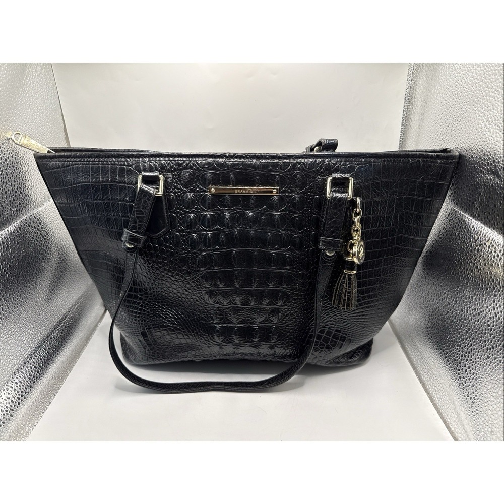 Brahmin Asher Black Leather Melbourne Crocodile Embossed Tote Bag